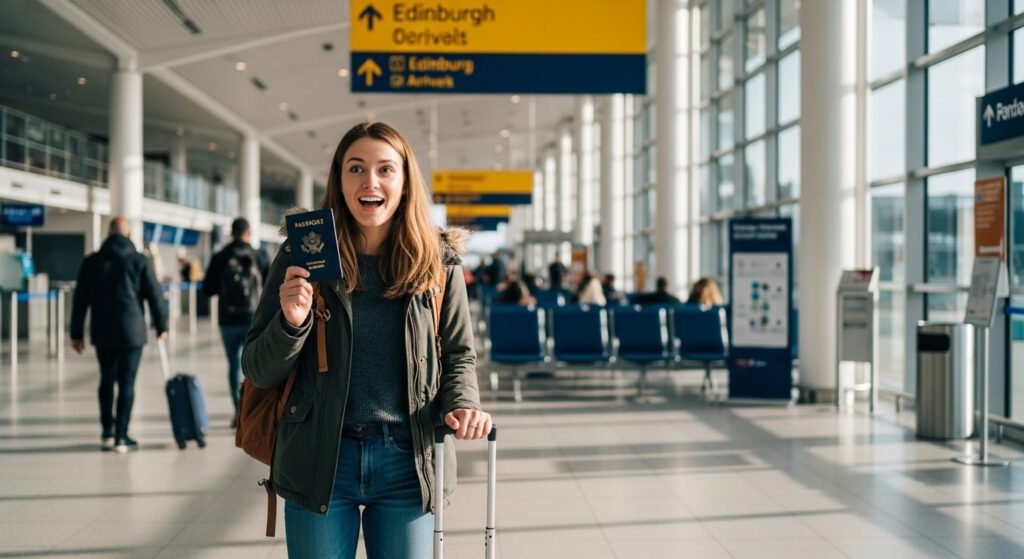 Best time to visit Scotland from US showing American traveler arriving Edinburgh Airport international travel
