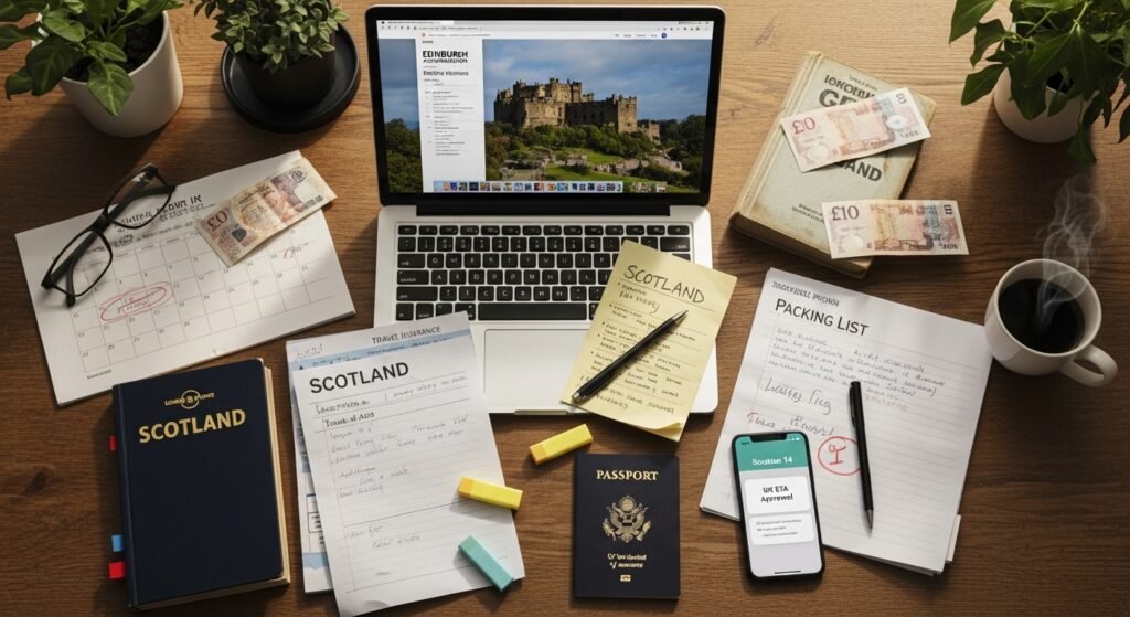 Planning a trip to Scotland from US timeline checklist booking flights accommodation ETA application travel preparation organized itinerary