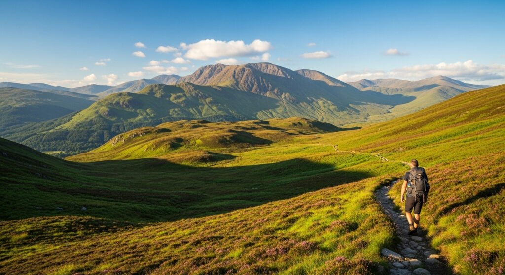Best time to visit Scotland for weather showing summer Highland hiking conditions June July clear skies