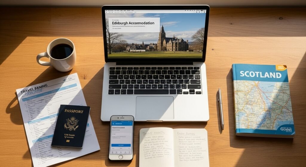 Planning trip to Scotland showing travel booking timeline accommodation flights itinerary preparation essentials