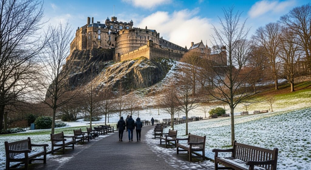 Best time to visit Scotland avoiding crowds showing empty Edinburgh Castle Royal Mile winter off-season