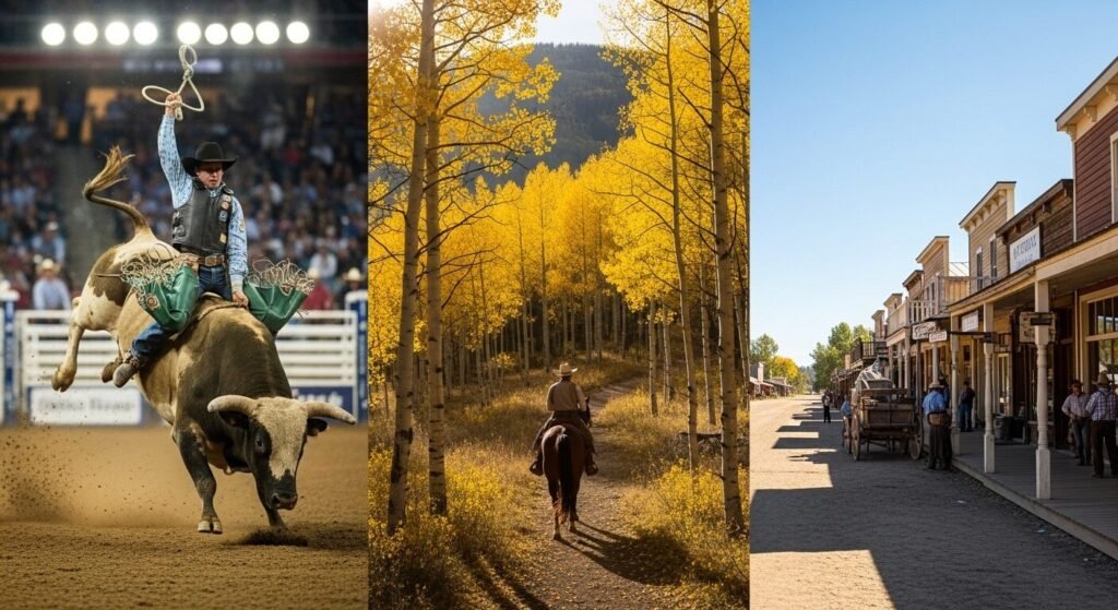 A dynamic triptych collage celebrating the Cowboy Core lifestyle with three distinct images. The left panel shows a thrilling rodeo bull rider in mid-action. The center panel features a serene, solitary horseback trail ride through a golden aspen forest. The right panel captures the nostalgic main street of a historic western town at sunset, highlighting the diverse experiences of the American frontier aesthetic.