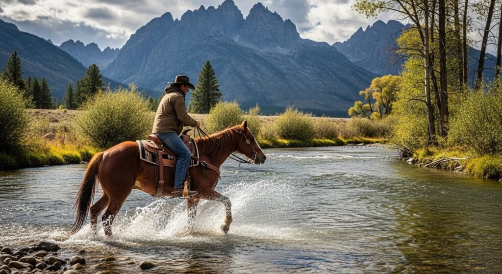 A rider on a strong bay horse embodies the Cowboy Core lifestyle while crossing the rushing Sweet Grass Creek in Montana. This adventurous, high-definition photo captures the spirit of Sweet Grass Ranch, with the dramatic, cloud-wreathed Crazy Mountains rising in the background. The image showcases an authentic western experience in the heart of the untamed Montana wilderness.