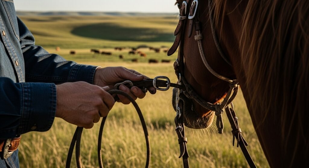 Authentic cowboy core hands adjusting horse bridle on working ranch for budget western travel