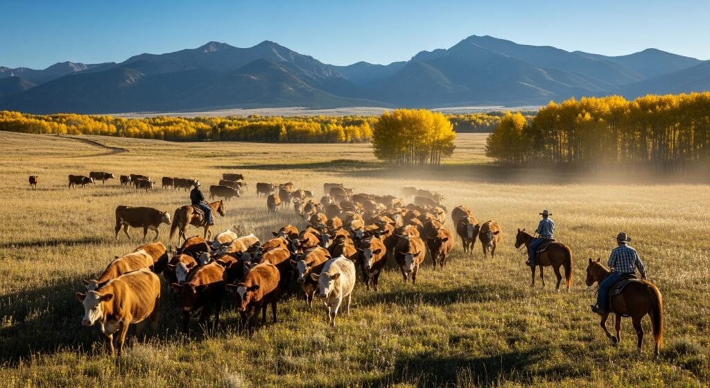 Badger Creek Ranch Colorado cattle drive with cowboys on horseback in mountain meadow for affordable cowboy core vacation