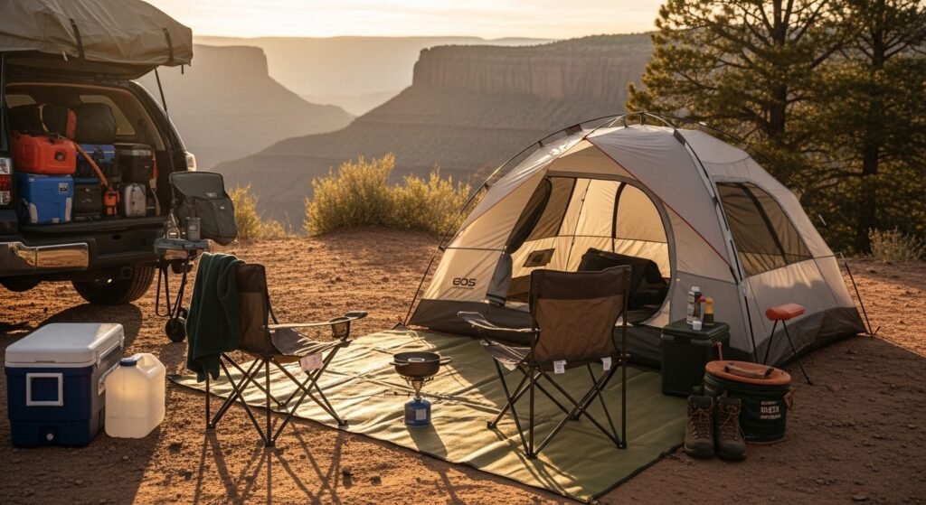 Budget western road trip camping setup scenic overlook tent camping money saving travel