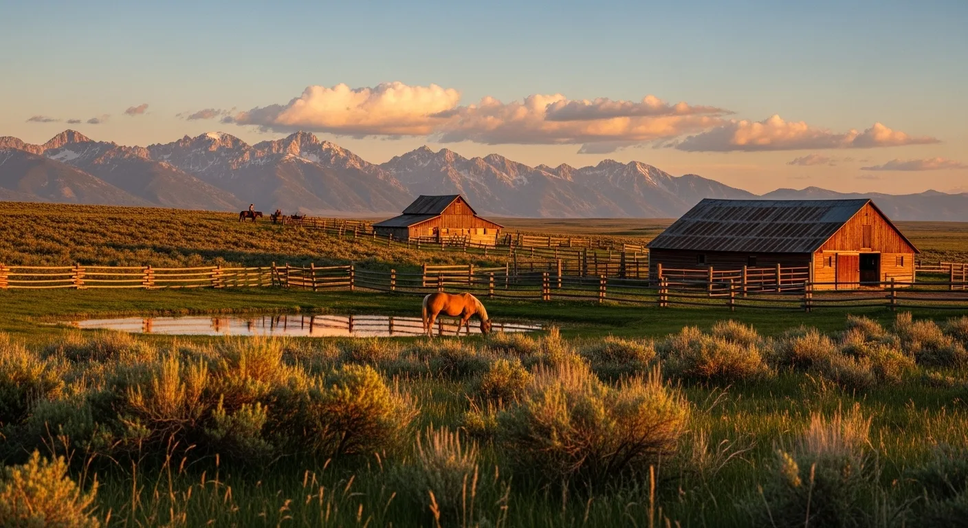 Cowboy Core budget ranch at sunset in Colorado Rockies with barn, horse, and mountains for affordable western vacation