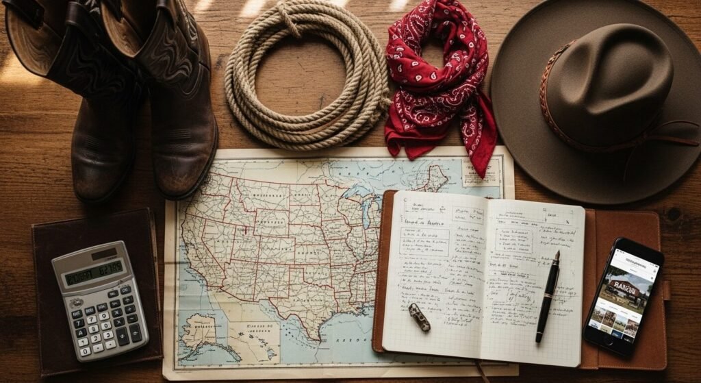 Cowboy core travel planning flat lay with western gear, maps, and budget planning for affordable ranch vacation