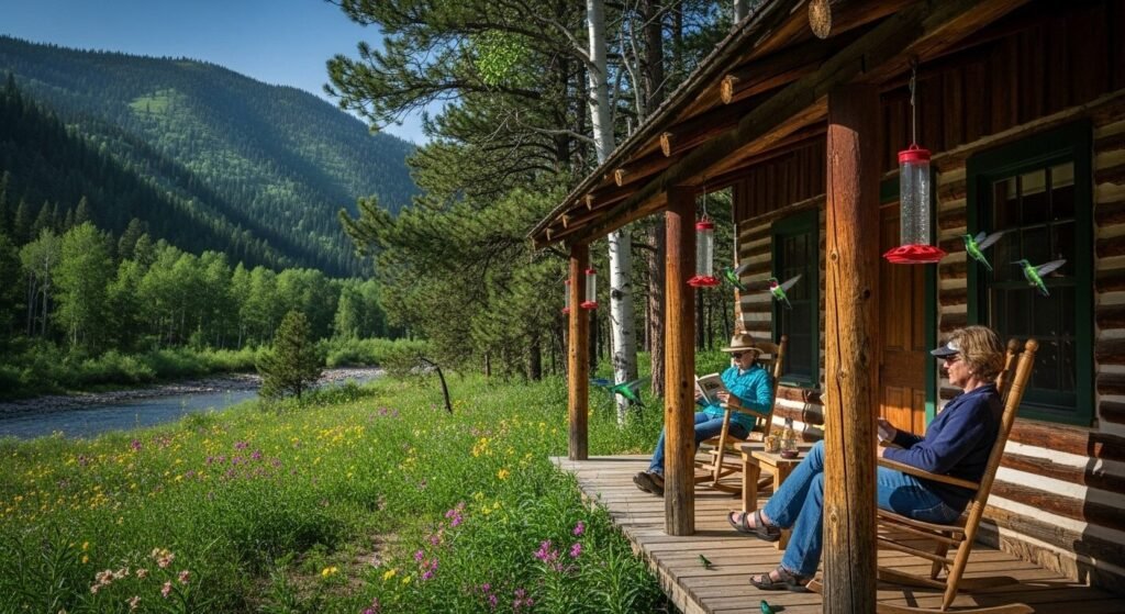Guests relax on the porch of a historic log cabin at Los Pinos Guest Ranch, capturing the serene Cowboy Core spirit of New Mexico. This tranquil scene, set in the Sangre de Cristo Mountains, features iconic aspen viga architecture, vibrant hummingbird feeders, and a backdrop of the Pecos Wilderness, embodying a timeless, rustic retreat.