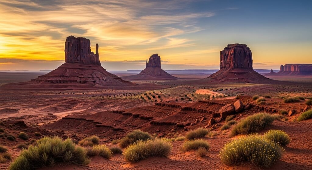Monument Valley buttes mesas sunset Arizona Utah border southwestern desert road trip landscape