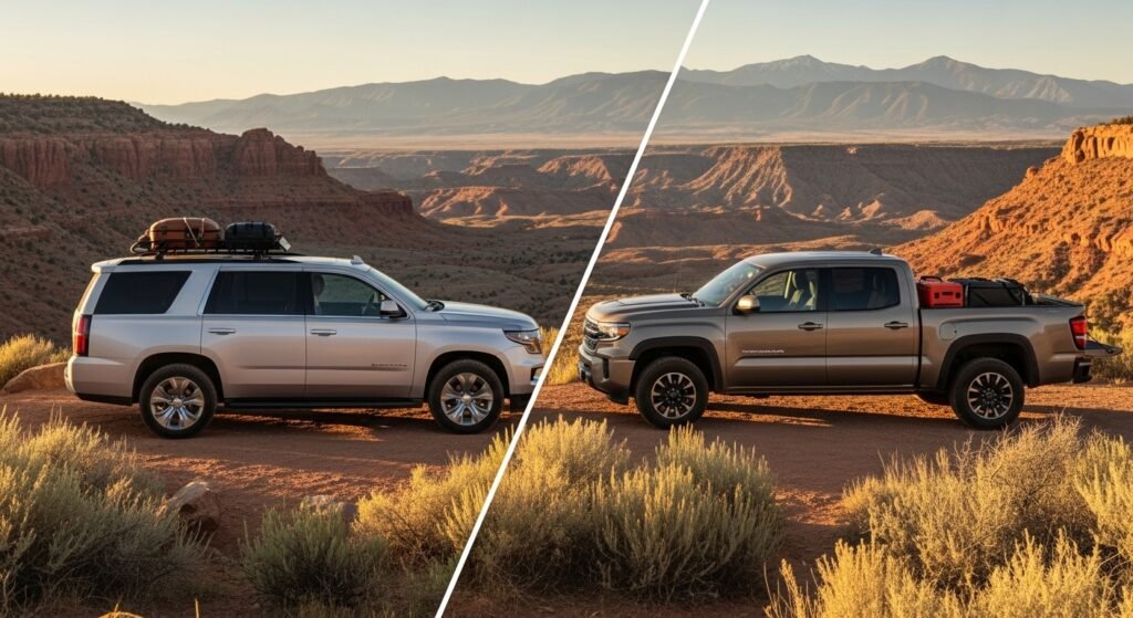 SUV vs pickup truck comparison western road trip vehicle choice desert mountain landscape