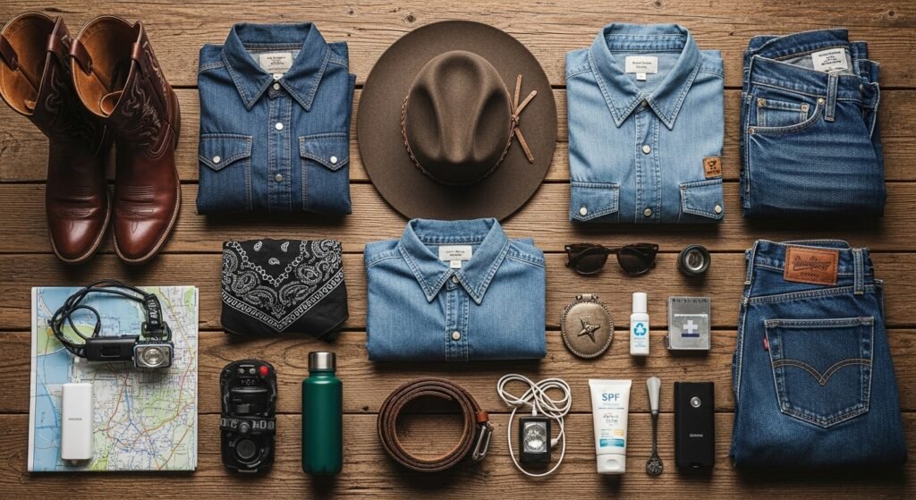 Western road trip packing essentials cowboy core travel gear boots hat camping supplies