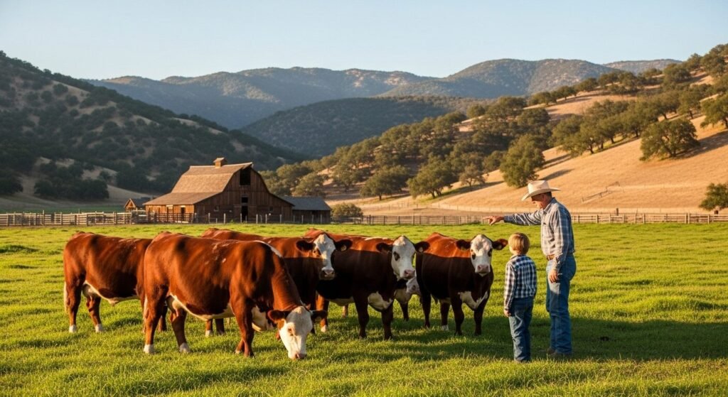A warm, golden-hour photo capturing the authentic Cowboy Core aesthetic at the historic Rankin Ranch in California. A senior rancher and a young child from a new generation stand together in a lush green pasture, surrounded by the ranch's iconic red and white Hereford cattle. In the background, the rolling Tehachapi Mountains and a weathered wooden barn complete this idyllic scene of family heritage and authentic American ranch life.