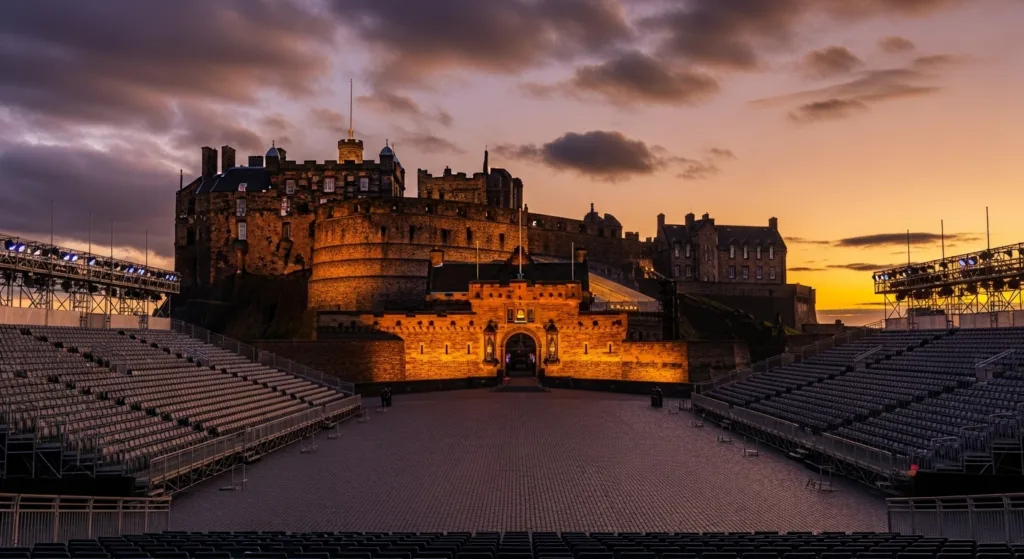 Edinburgh Castle golden hour view during Military Tattoo season with dramatic Scottish Highland sunset lighting and medieval architecture