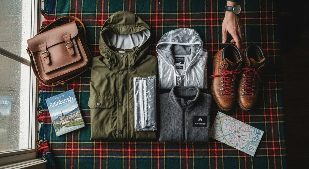 Essential Edinburgh Tattoo clothing and gear laid out for first-time visitors with waterproof layers and comfortable shoes