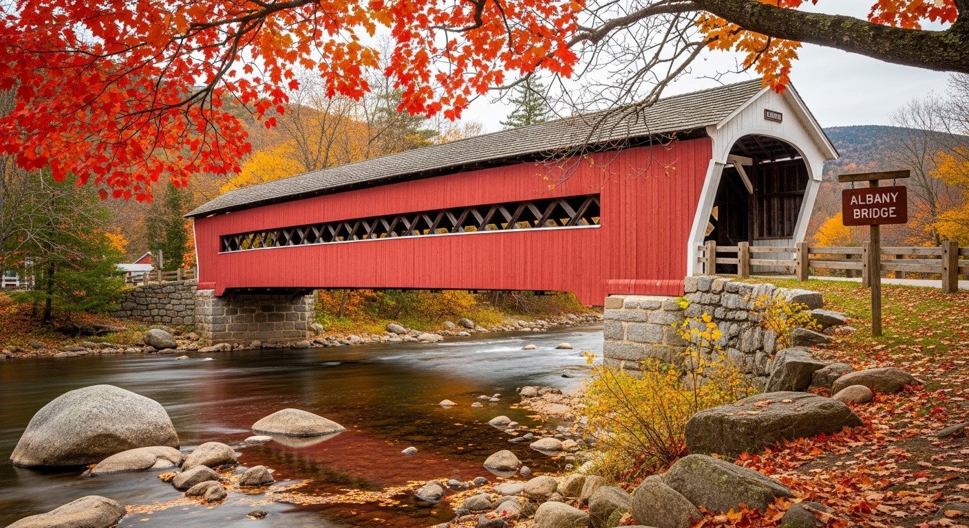 Albany Covered Bridge New Hampshire fall foliage Swift River Route 16 historic bridges autumn photography family travel