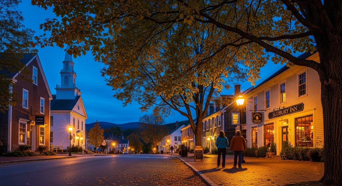Bethel Maine downtown evening fall season village common historic inn accommodations New England charm